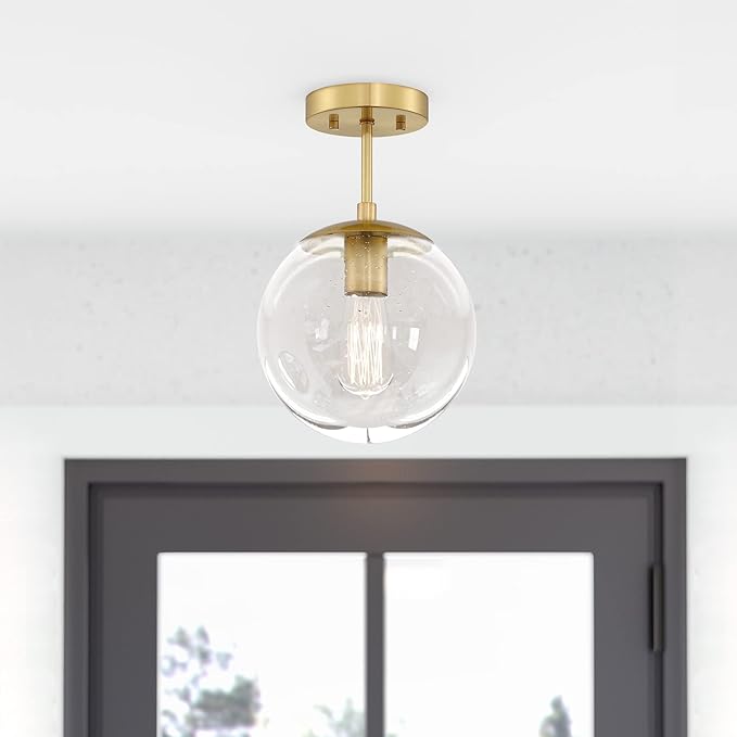 Design House Gracelyn 9 in Ceiling Mount Pendant Light, Semi-Flush Mount, Dimmable, Seeded Glass, Satin Gold, 9 in x 9 in x 14.36 in, 588517-SG