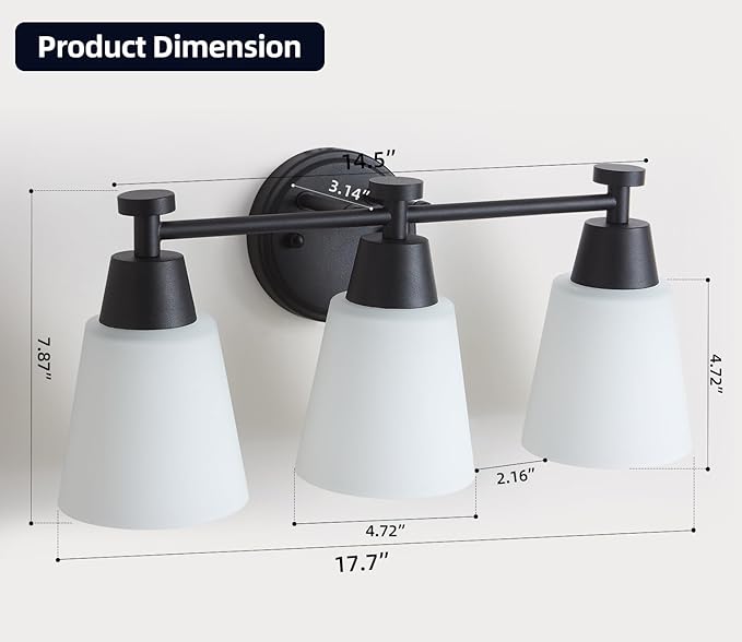 3 Light Bathroom Vanity Light, Modern Matte Black Stainless Steel Over Mirror Vanity Light Fixture with Frosted Glass, Wall Sconces Lighting for Bedroom Living Room