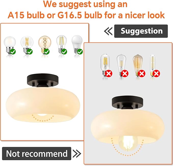 Semi Flush Mount Ceiling Light, Mid Century Modern Black Light Fixture with Milk Glass Shade 11.02''Vintage Ceiling Lamp for Entryway Hallway Foyer, Laundry Room, Schoolhouse