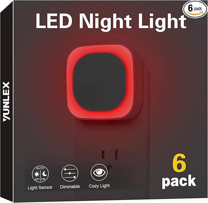 YUNLEX 6 Pack Red Night Light with Dusk to Dawn Sensor, Eye-Care Reflected Glow, 0% Blue Light True Red LED, 3-Level Brightness, Auto On/Off, Plug-in Nightlight for Sleep, Kids, Bedroom, Bathroom