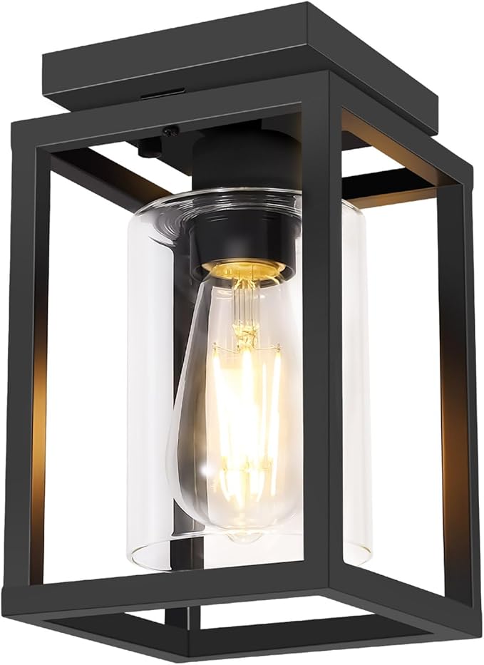 Baocuz Semi Flush Mount Ceiling Light Fixture, Black Metal Frame Porch Ceiling Light Fixture with Clear Glass Shade and E26 Ceramic Base, Farmhouse Light Fixtures for Kitchen Entryway Foyer