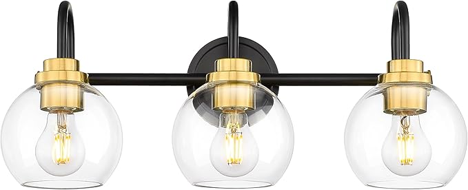 Bathroom Light Fixtures, 3-Light Black and Gold Vanity Lights with Globe Clear Glass, Modern Vanity Lighting Fixtures Over Mirror, AD-22280-3W-KG
