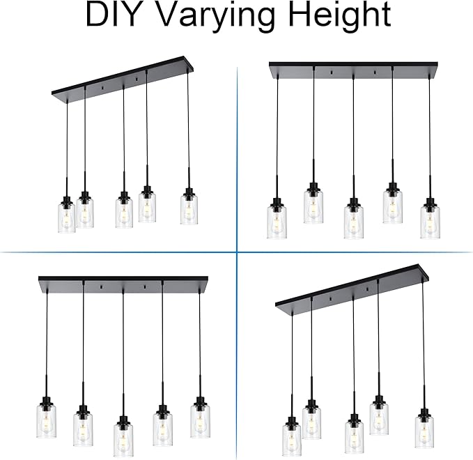 MELUCEE Black Pendant Lights for Kitchen Island, 5-Light Dining Room Light Fixtures Linear Chandeliers with Clear Glass Shade, DIY Hanging Lamp Ceiling for Dining Room Kitchen Bar