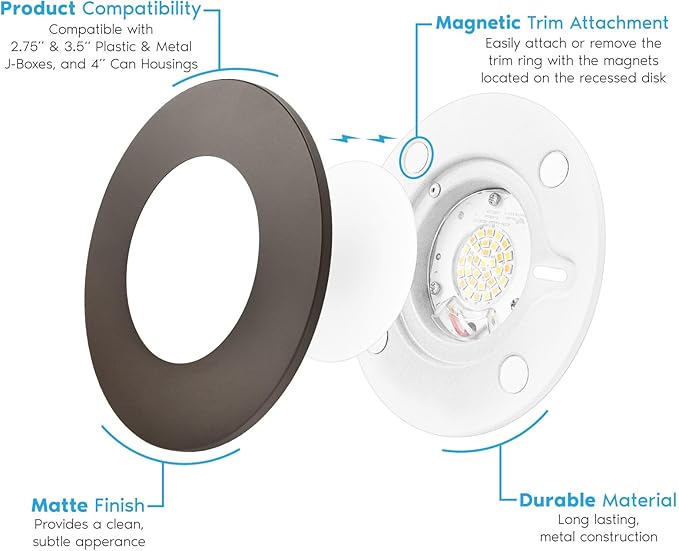 LUXRITE 3-4 Inch LED Flush Mount & Recessed Light, 7.5W, 5CCT 2700K-5000K, 650LM, Magnetic Trim, Dimmable Ceiling Can Light, Install to J-Box or 4 Inch Housing, Wet Rated, UL Listed, Bronze