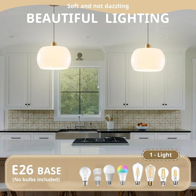 Globe Pendant Lighting Glass Pendant Light Kitchen Island 1-Light Milk White Glass Hanging Light Adjustable Gold Mid Century Pendant Lamp for Farmhouse Dining Room Bedroom