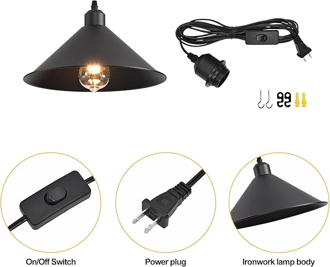 11.8IN Plug in Pendant Light, 2 Pack Industrial Hanging Lamp Black Vintage Pendant Lighting Fixtures with 15ft Cord On/Off Switch for Kitchen Island Dinning Hall, Bedroom