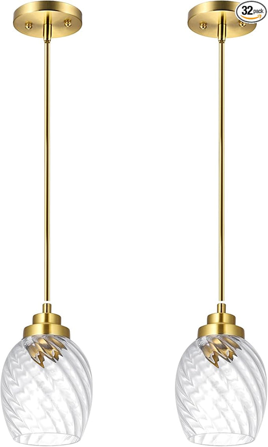 Glass Pendant Lights Kitchen Island,Twisted Clear Glass Treatment Pendant Light,Modern Hanging Light for Kitchen Sink Dining Room Bedroom, E26 (Brushed Gold, 2pack)