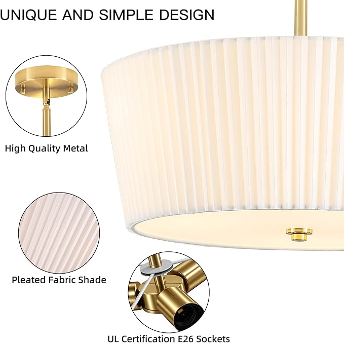 Gold Semi Flush Mount Ceiling Light, 3-Lights Modern Cone Drum Light Fixture with White Pleated Fabric Shade 17.71” Close to Ceiling Lights Fixture for Nursery Hallway Bedroom Living Room