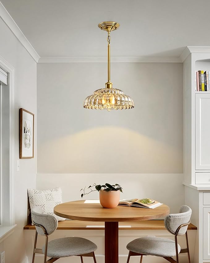 Elegant Amber Glass Pendant Lamp with Gold Base, Modern Chic Lighting Fixture for Living Room, Bedroom, and Office
