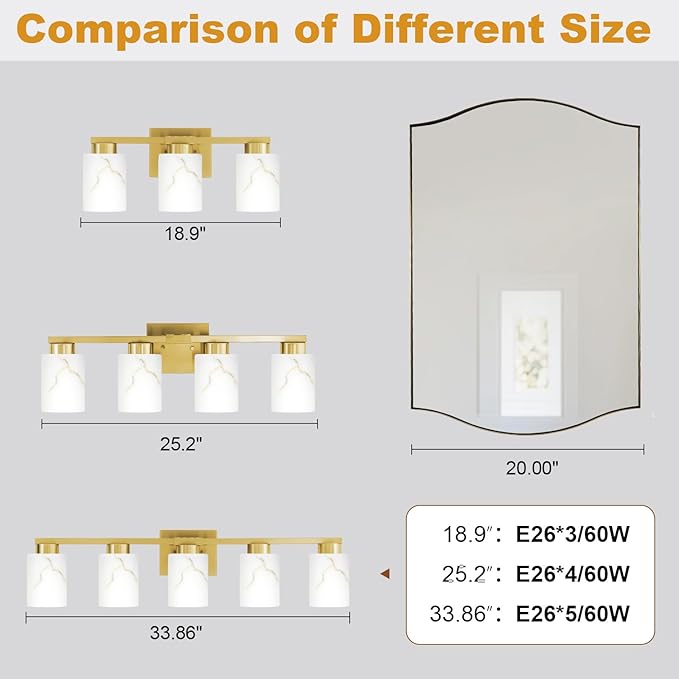 3-Light Bathroom Light Fixtures, Modern Vanity Lights, Gold Metal Wall Lamp with White Marble Glass for Bathroom, Mirror, Living Room, Bedroom, Cabinet, Porch, Hallway, E26 Base
