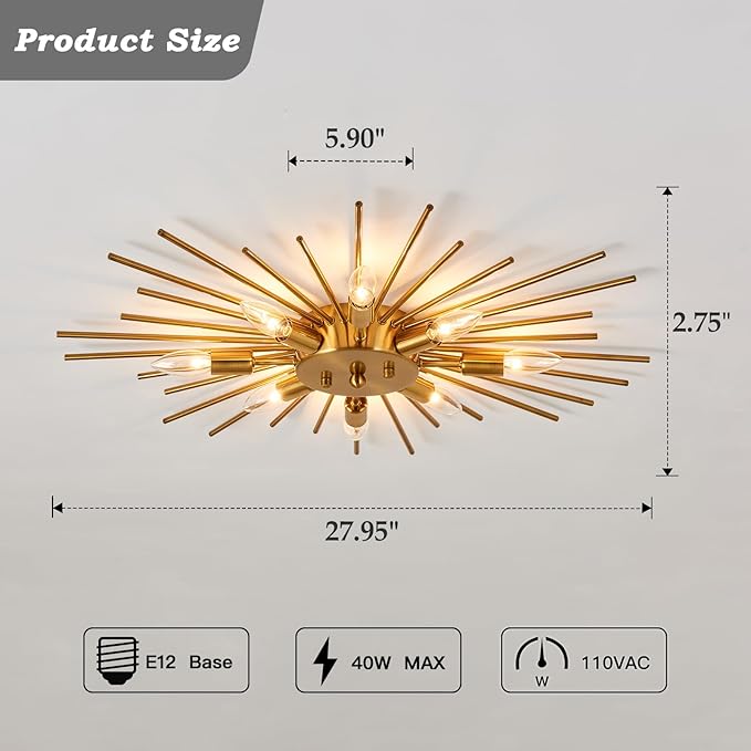 ZGLAOJT Semi Flush Mount 8 Light Ceiling Light Modern Metal Ceiling Lighting Gold Light Fixture Chandelier for Farmhouse Kitchen Dining Room Bedroom Hallway Living Room.