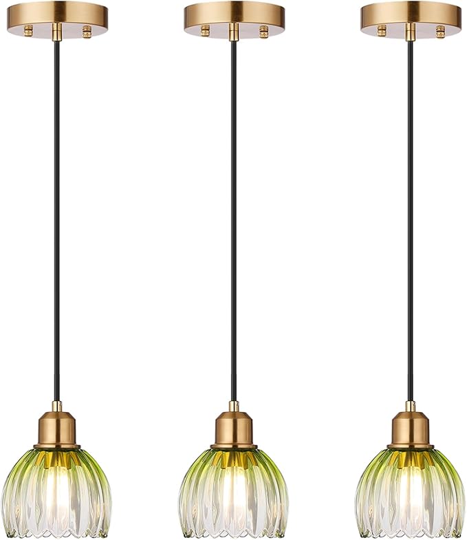 TALOYA Pendant Light 3 Pack with Green Tulip Glass Lmapshade, Brass Vintage Pendant Light Adjustable Hanging Light for Kitchen Island Bedroom Dining Room Hallway& Bar
