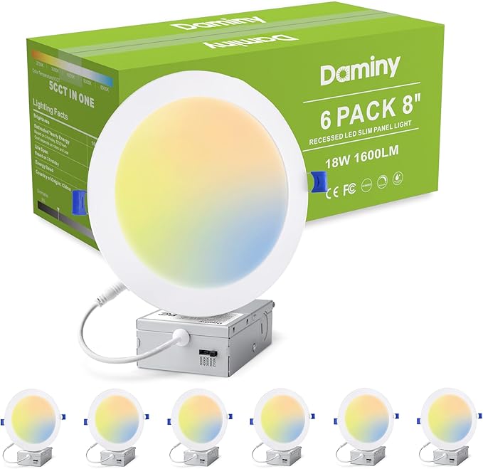 DAMINY 6 Pack 8 Inch LED Recessed Lighting with Junction Box,5CCT,Ultra-Thin Recessed Light,18W 1600LM, Dimmable Canless Wafer Ceiling Light, High Brightness