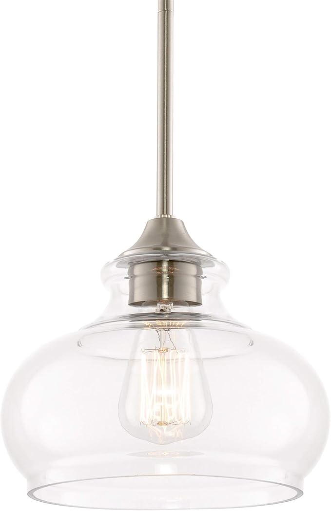 Kira Home Harlow 9" Modern Schoolhouse Pendant Light with Clear Glass Shade, Industrial Farmhouse Silver Hanging Light with Schoolhouse Glass, Brushed Nickel Finish