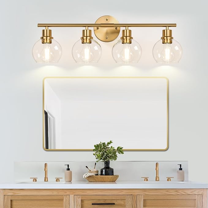 Indoi 4-Light Bathroom Light Fixtures,Gold Modern Vanity Lights Over Mirror with Clear Glass Globe Shade, Bathroom Wall Sconces for Mirror Kitchen Living Room Hallway Cabinet Bedroom Porch