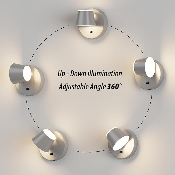 URSOLA Battery Operated Wall Lights Set of Two, LED Rechargeable Battery Wall Sconce with 9000mAh 3CCT and Dimmable Magnetic 360° Rotation Cordless Light for Bedroom（Grey）