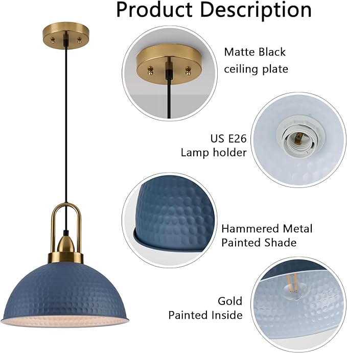 Blue Pendant Lights Kitchen Island Industrial Adjustable Height Vintage Dome Hanging Light Fixtures for Barn, Dining Room 2 Packs