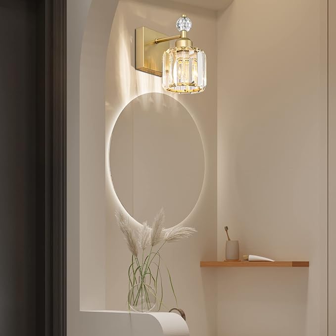 PRESDE Single Crystal Wall Sconce, Modern Gold Vanity Light Fixture, 1-Light Wall Lamp for Bathroom Bedroom Hallway