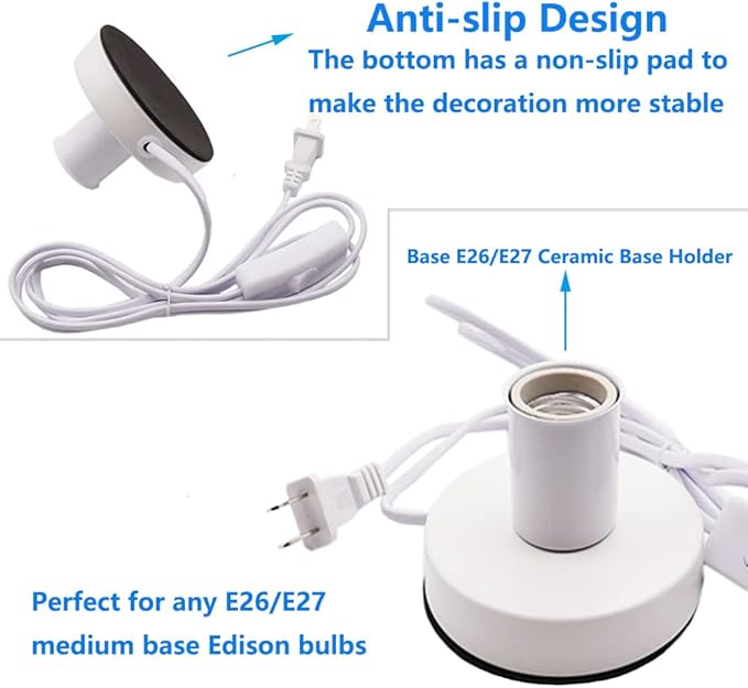 Industrial Table Lamp Base,Small Polished Metal Desktop Light Sockets Base Only,Vintage E26/E27 Edison Screw Light Bulb Holder Base,with 6ft Cord Switch Plug Bulb Base Holder（White）