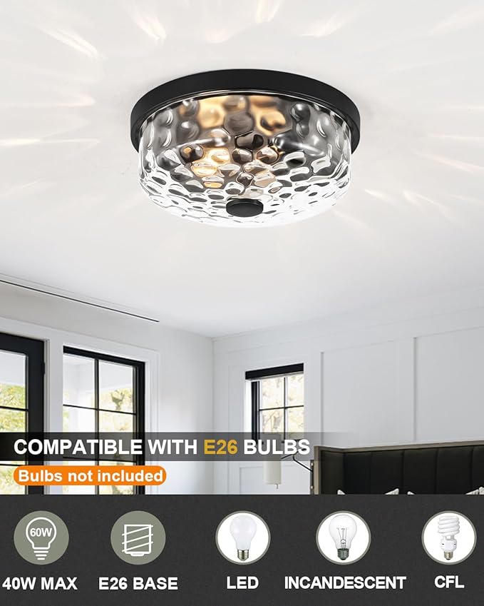 12 Inch Farmhouse Flush Mount Ceiling Light, 2 Light Industrial Close to Ceiling Light, Industrial Ceiling Lighting Fixture for Kitchen Hallway Bedroom Living Room (12.2 Inch Black)
