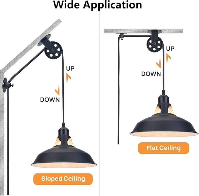 Plug in Pulley Pendant Light with 14.76ft Cord On/Off Switch, Industrial Barn Black Hanging Lights with Plug in Cord, Pulley Wall Pendant Lamp for Kitchen Island, Pool Table, Bedroom, 1 Pack