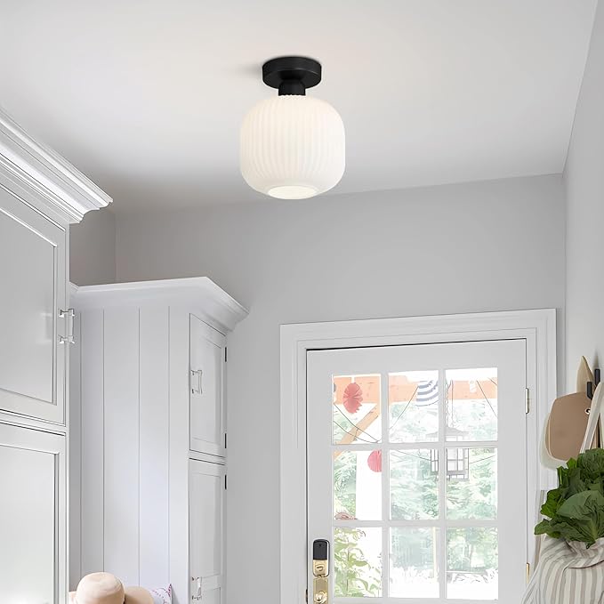 KCO Lighting Modern Farmhouse Black Semi Flush Mount Ceiling Light White Ribbed Glass Flush Mount Ceiling Light Small Hallway Light Fixtures Mid Century Bathroom Ceiling Lighting
