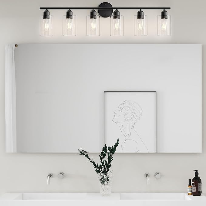 Espird 6 Lights Bathroom Vanity Light Fixtures Matte Black,Rustic Farmhouse Vanity Lighting Over Mirror Modern Industrial Lamp with Cylinder Glass Shade UL Certified