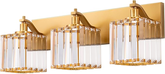 EDISHINE Bathroom Vanity Light, 20.47-Inch Modern Bathroom Lighting Fixtures, 3-Light Crystal Vanity Lights Over Mirror, Gold Bath Wall Sconce Lamp for Powder Room, Makeup, E26 Base