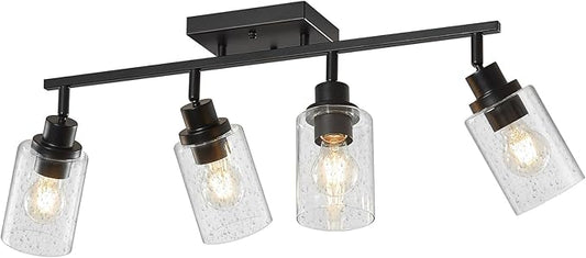LOUSACE Flexible Track Lighting Kit, Black 4-Light Flush Mount Ceiling Spotlights with Seeded Glass, Bathroom Vanity Lighting Modern Track Light Fixtures Ceiling for Kitchen