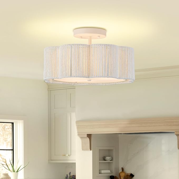 13 Inch Rattan Flush Mount Ceiling Lights 3 Lights Boho Farmhouse Ceiling Light Fixtures Wicker Hand Woven Light Fixtures for Dining Room Kitchen Bedroom Foyer Hallway Entryway