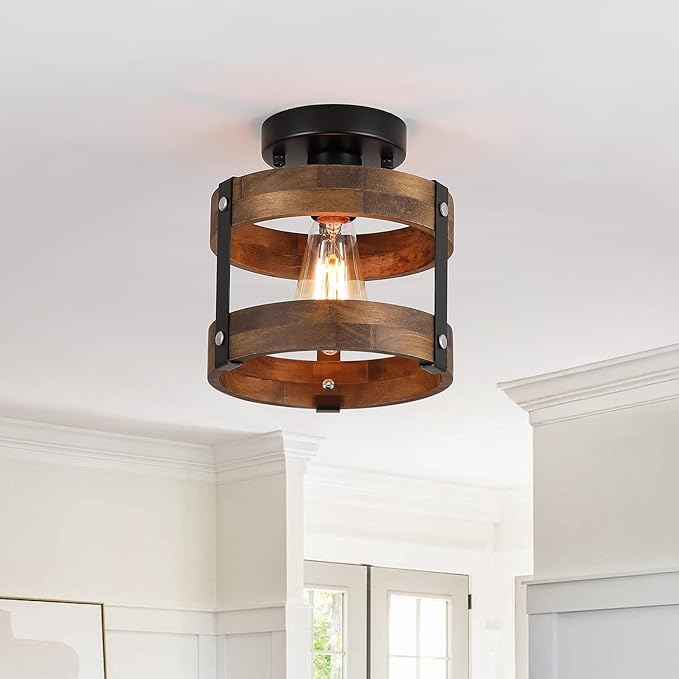 Rustic Farmhouse Wood Flush Mount Ceiling Light Fixture Oak Wood and Metal Round Cage Small Semi Flush Mount Ceiling Light for Kitchen Hallway Entry Bedroom Country Farmhouse, Black