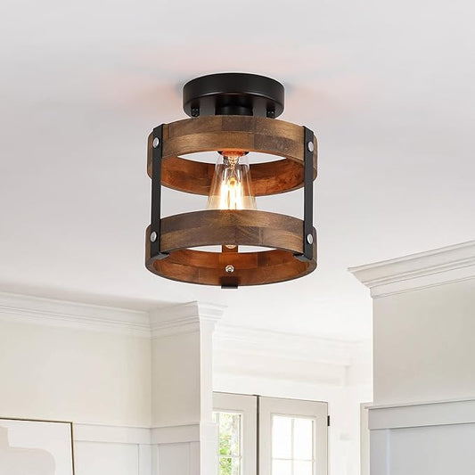 Rustic Farmhouse Wood Flush Mount Ceiling Light Fixture Oak Wood and Metal Round Cage Small Semi Flush Mount Ceiling Light for Kitchen Hallway Entry Bedroom Country Farmhouse, Black