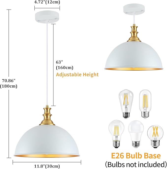 TOULMJ Withe Pendant Lights Kitchen Island 2 Pack Farmhouse Pendant Lighting Over Island Adjustable Hanging Hallway Light Fixtures Vintage Dome Chandelier for Hallway Dining Room Foyer Bedroom
