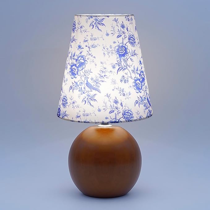Vintage Wooden Base Fabric Table Lamp, Adjustable Light Color and Brightness with Power-Off Memory, Safe USB Powered, Retro Style LED Light for Bedroom Living Room Office (Blue Flowers)
