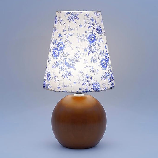 Vintage Wooden Base Fabric Table Lamp, Adjustable Light Color and Brightness with Power-Off Memory, Safe USB Powered, Retro Style LED Light for Bedroom Living Room Office (Blue Flowers)