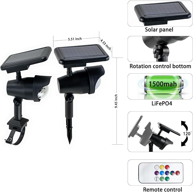 Solar Spot Lights Outdoor 2 Pack, RGB Color Changing & Warm White, 2-in-1 Stake & Strap Mounted Solar Lights, IP65 Waterproof, Auto On/Off Landscape Lighting for Garden, Yard, Tree, Wall