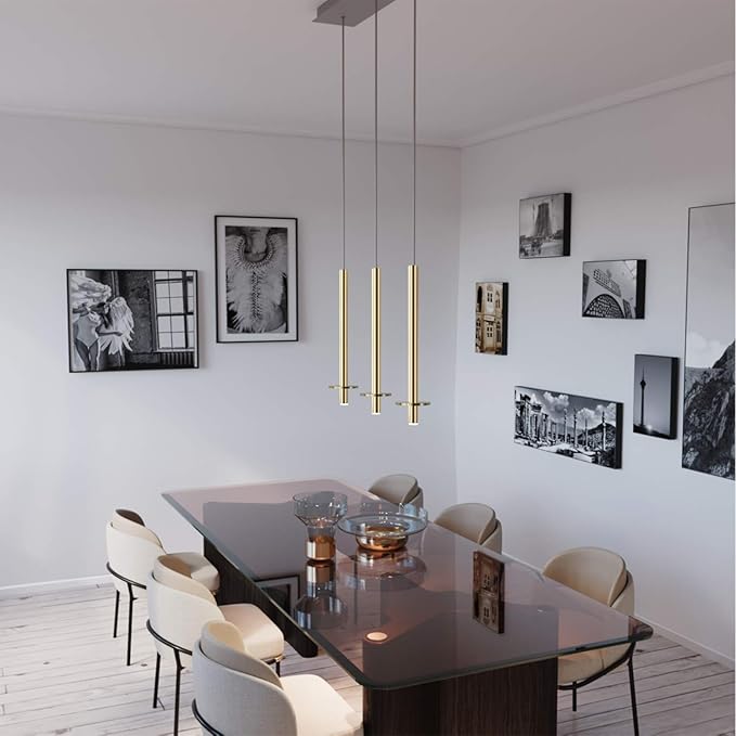 Draco 3 Pendant Lighting Brass – LED Hanging Light Fixture for Kitchen Island, Bar, Foyer – Equilateral Cluster of Mini Metal Rod Pipe Tube Cylinders – Dimmable, Adjustable Wire, Lamp Bulb Included