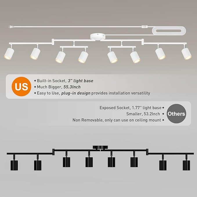 Plug in Track Lighting LED, Track Lighting Fixtures Ceiling, White 8-Light Kitchen Light Kit, Plug in Wall Light with 14.8ft Power Cord, Rotatable Ceiling Spotlight for Bedroom(GU10 Socket, NO Bulb)