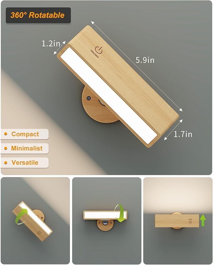 DetarZinLED Battery Operated Wall Sconces Set of 2,Rechargeable Wall Lights Wood,Stick On Wall Lights for Bedroom,Wall Mounted Bedside Reading Lamps Dimmable,Battery Powered Wall Lamp for Bedroom