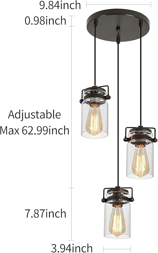 Kitchen Pendant Lighting Over Island Pendant Lights Black, Pendant Lighting Adjustable Farmhouse Ceiling 3 Light for Kitchen Island Dining Room Bedroom Living Room