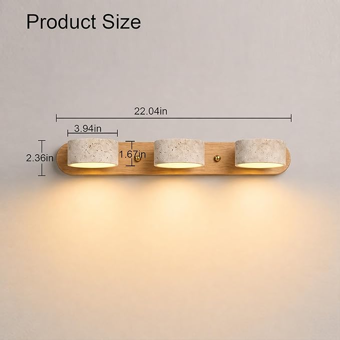 LED Natural Wood Vanity Light with 3 Travertine Stone Shades, Bathroom Vanity Light Fixture, 360° Rotatable Stone Lampshades, Modern Rustic Wall Lamp for Bedroom, Living Room, Hallway (Natural Wood)