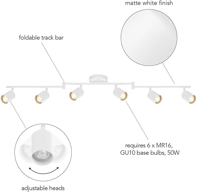 Globe Electric 64000122 47" 6-Light Foldable Track Lighting, Matte White, Cylindrical Shades, Adjustable Pivoting Heads, Modern Ceiling Light Fixture for Kitchen Island, Hallway, or Dining Room