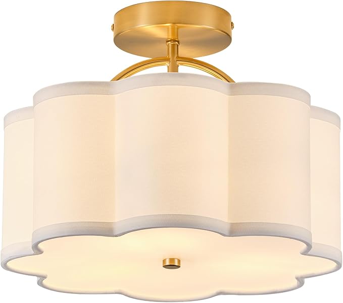 13.5" Gold Semi Flush Mount Ceiling Light Fixture for Bedroom,3-Light Modern Flower-Shape Close to Ceiling Light with Fabric Shade for Bedroom Hallway Nursery Living Room (White)