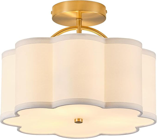 13.5" Gold Semi Flush Mount Ceiling Light Fixture for Bedroom,3-Light Modern Flower-Shape Close to Ceiling Light with Fabric Shade for Bedroom Hallway Nursery Living Room (White)