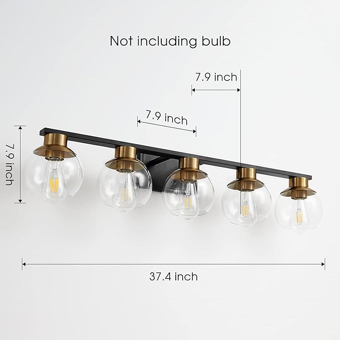 PAZALA Black Gold Bathroom Light Fixtures Over Mirror 5-Lights Vanity Light Wall Sconce with Globe Glass Shade, E26 Base, Perfect for Hallway Picture Wall Lighting Bathroom Bedroom Mirror Living Room