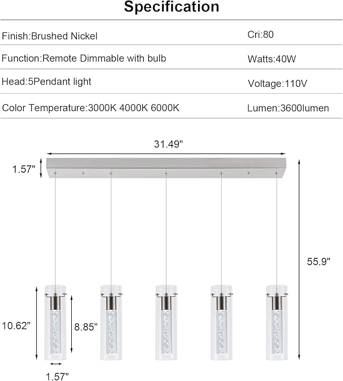 Dimmable Kitchen Pendant Lights, Brushed Nickel Remote Control led Pendant Lighting,3D Modern Pendant Light for Kitchen Dinning Room, Living Room, Corridor, Cafe bar, Club, Restaurant
