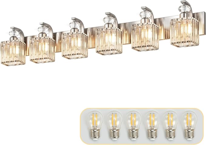 Modern Bathroom Vanity Light, 6-Light Nickel Bathroom Lighting Fixtures Over Mirror, 44.1" Crystal Wall Light Sconce for Bathroom/Bedroom/Vanity, Includes LED Bulbs, Easy Installation
