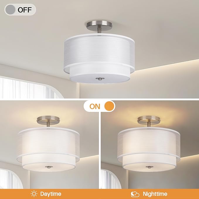 Semi Flush Mount Ceiling Light Fixture,Bedroom Ceiling Lights,12.6'' Light Fixtures Ceiling Mount,Drum Light Fixture,3-Light Modern Close to Ceiling Lamps for Living Room Dining Room Kitchen Entryway