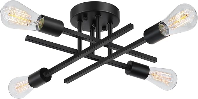 SunRider Industrial 4-Light Semi Flush Mount Ceiling Light Fixture, Indoor Farmhouse Lights Matte Black, Rustic Sputnik Chandelier for Kitchen, Large