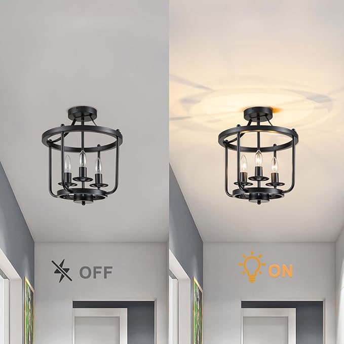 Farmhouse Semi Flush Mount Ceiling Light Fixtures, Industrial Rustic Ceiling Lamp Metal Cage Hallway Light Fixtures(3-Light Black Finish)